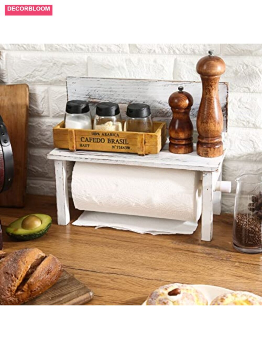 Farmhouse Paper Towel Holder Kitchen Countertop Shelf Rustic Pine Wood